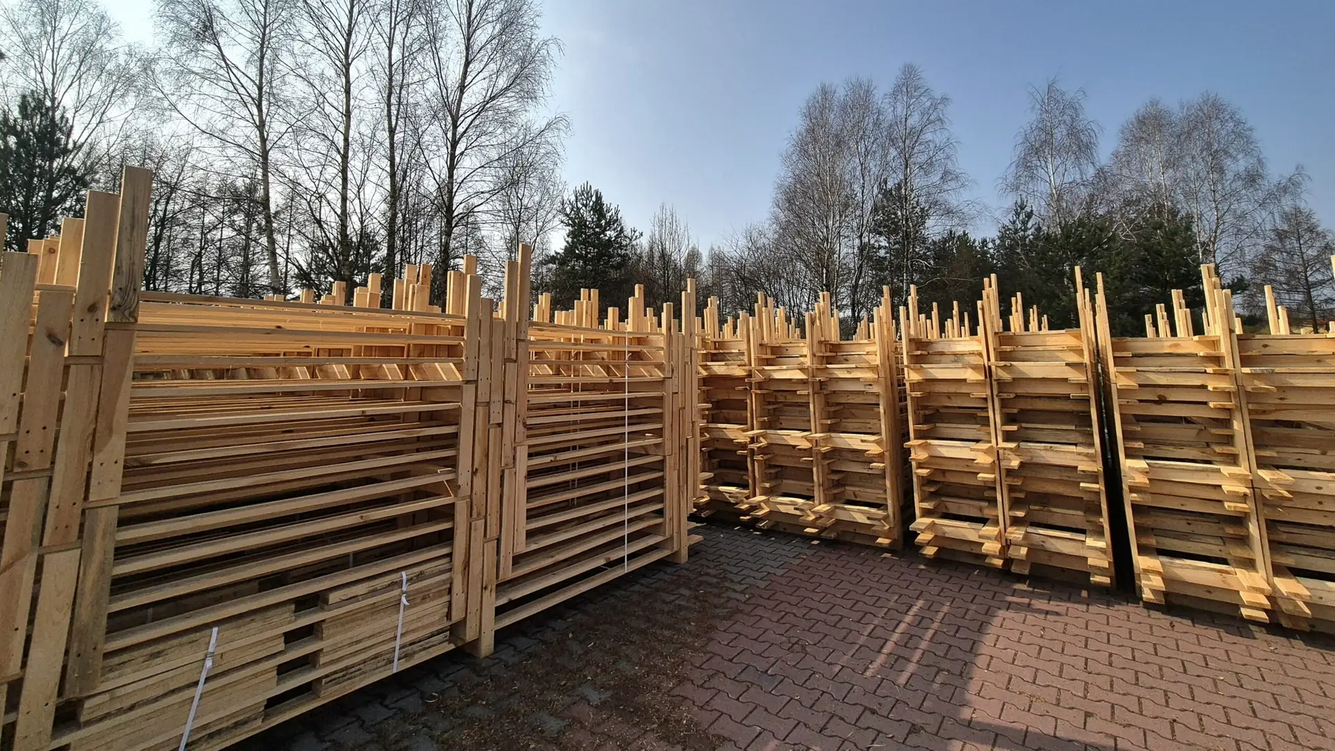 Stosy zbitek drewnianych starannie ułożone na zewnątrz, z drzewami i czystym, błękitnym niebem w tle.